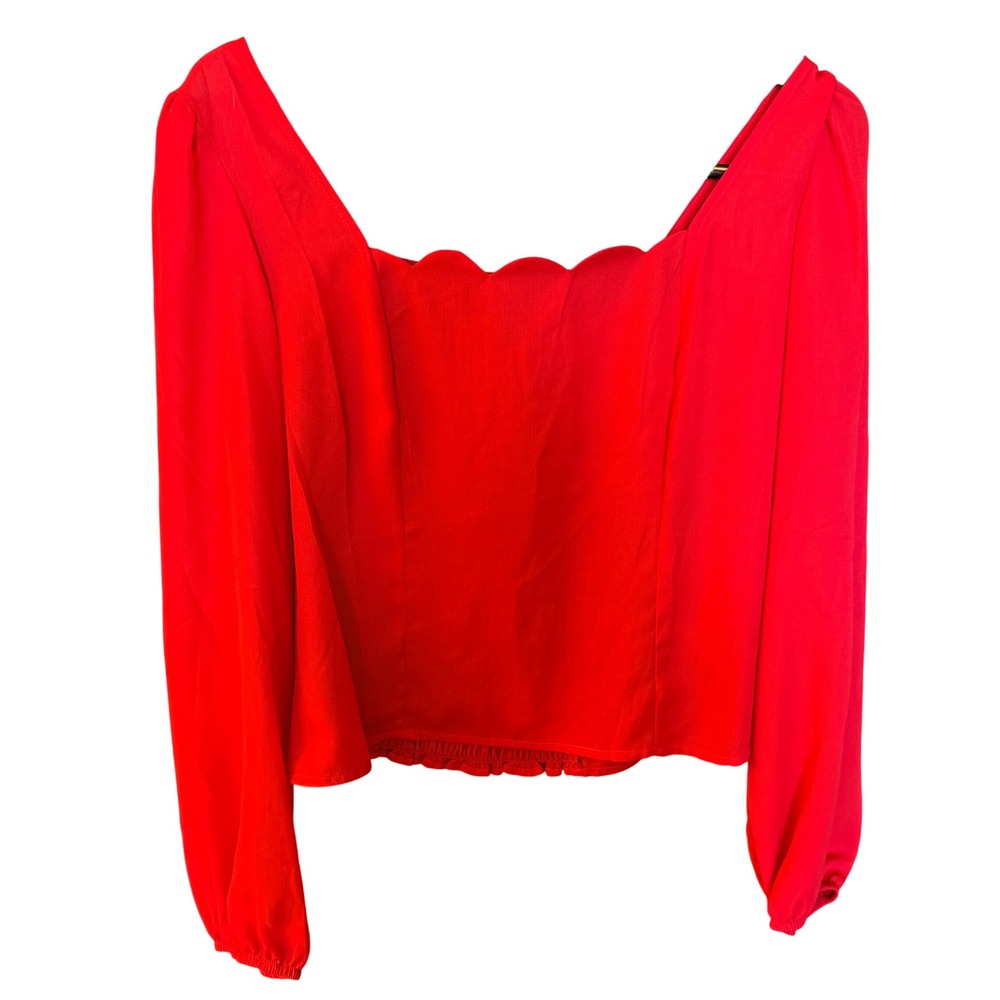 IN San Francisco Womens L Red Scalloped Square Neck Smocked Back Crop Top